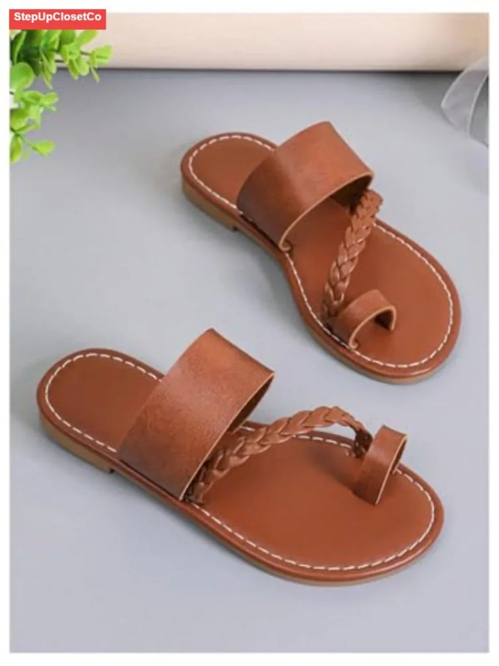 Girl's Strappy Leather Flats Sandal Braided Toe Ring Slip On Slide Sandals